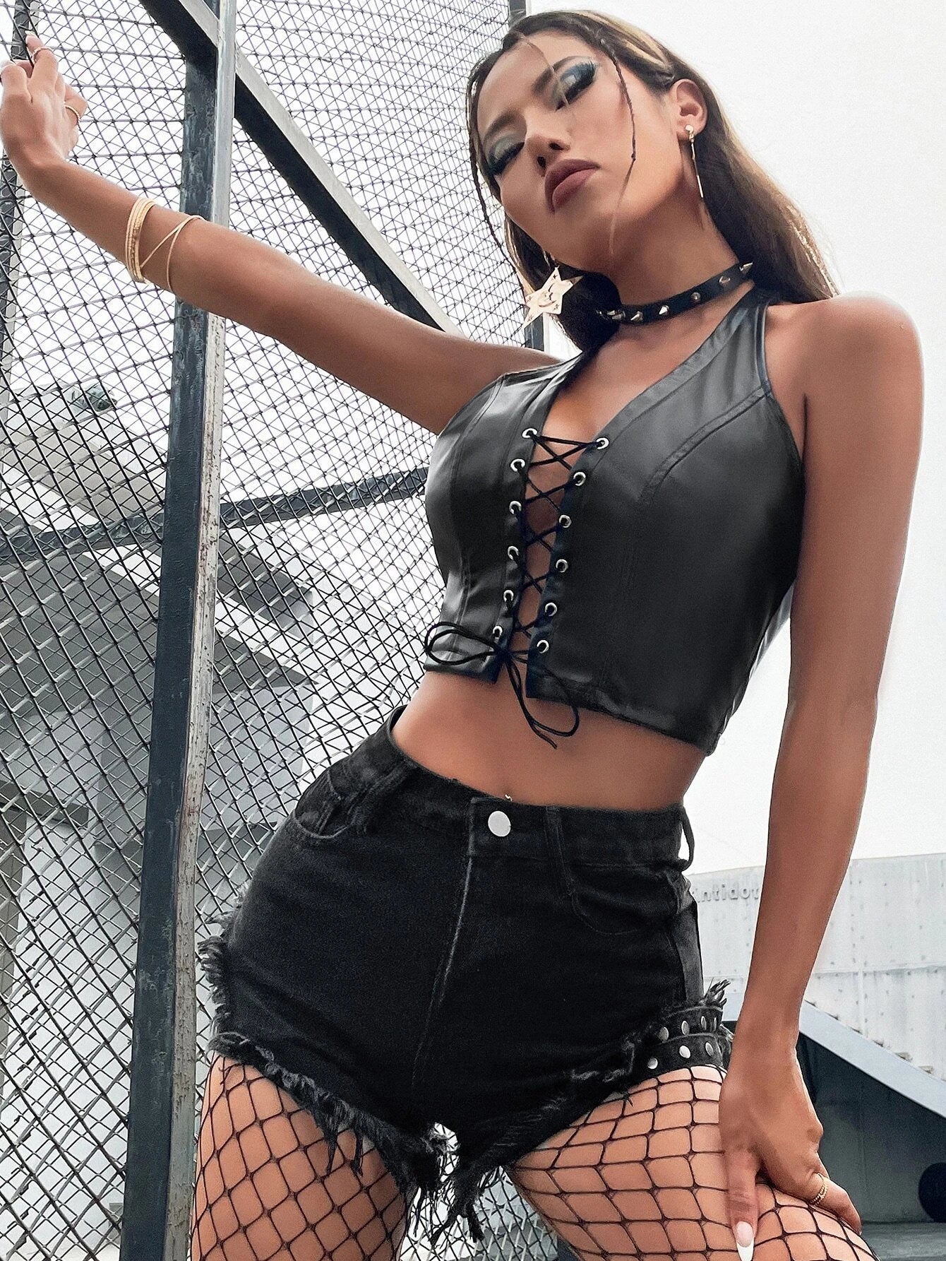 Lace Up Front PU Leather Halter Top