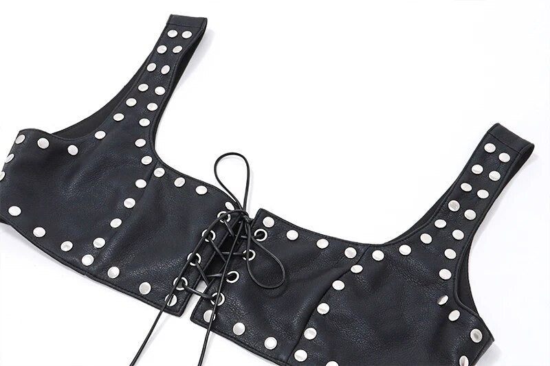 Sexy Hot Leather Studded Cropped Tank Top