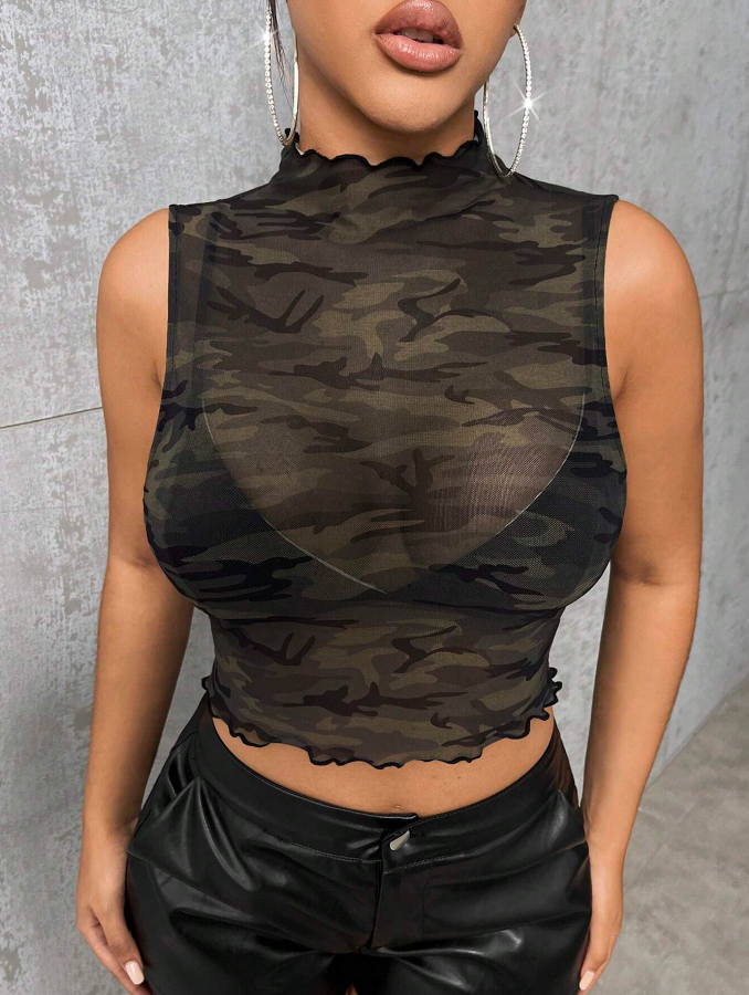 Camo Green See Through Lettuce Trim Tank Top