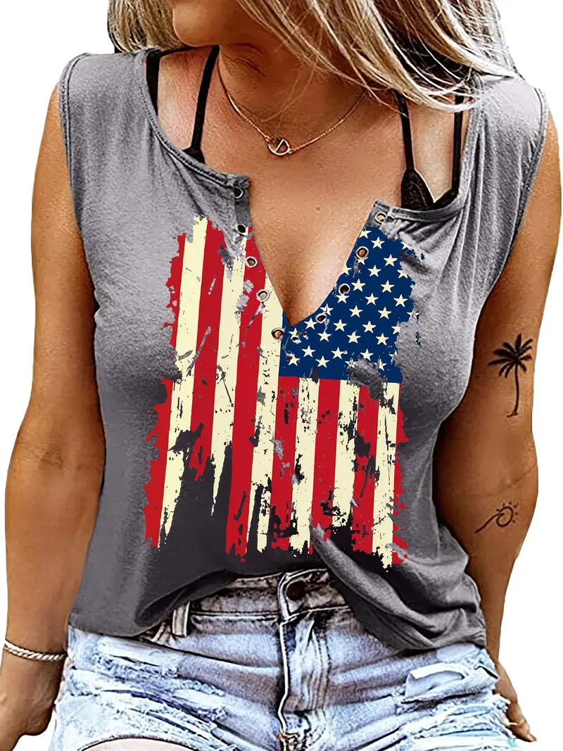 American Flag V-neck Casual Top T-shirt