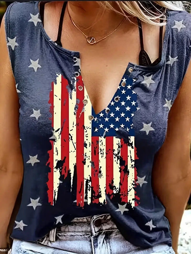 American Flag V-neck Casual Top T-shirt