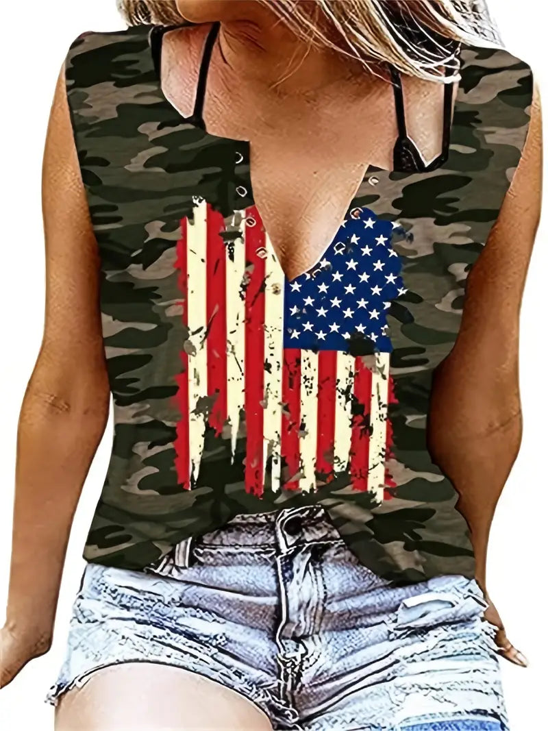 American Flag V-neck Casual Top T-shirt