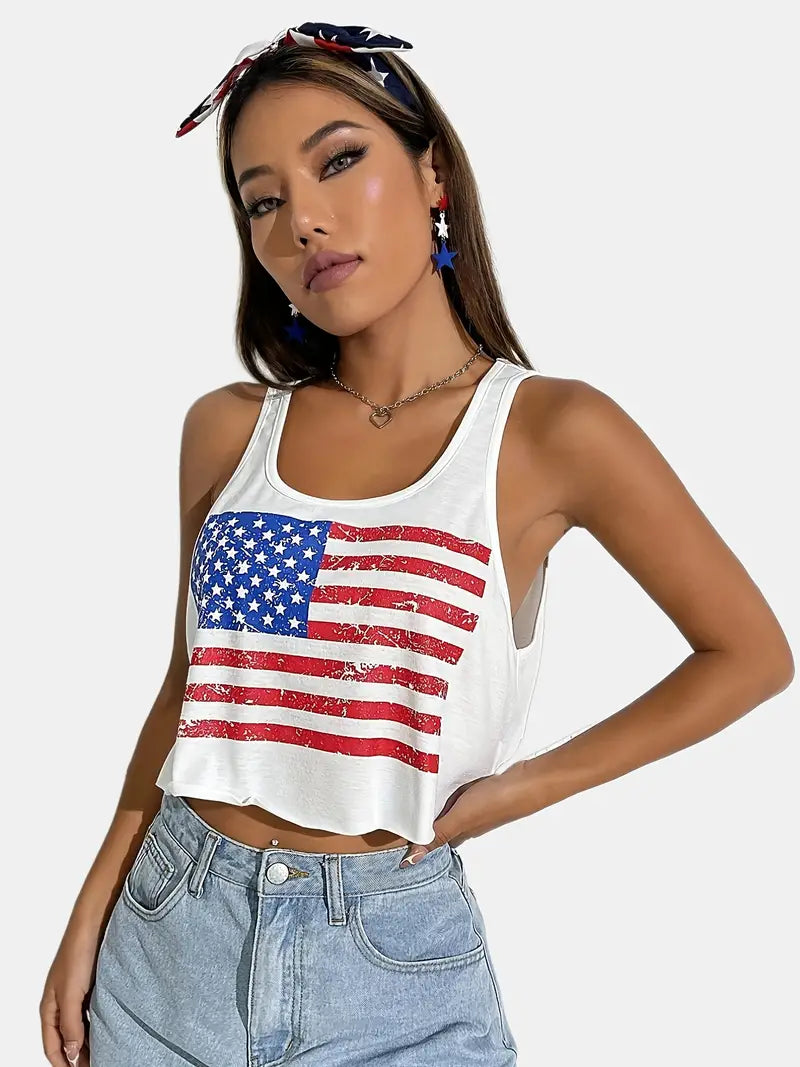 American US Flag Print Cropped Tank Top