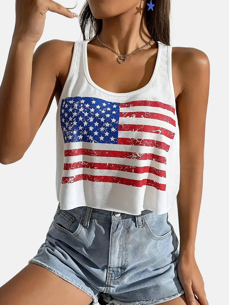 American US Flag Print Cropped Tank Top