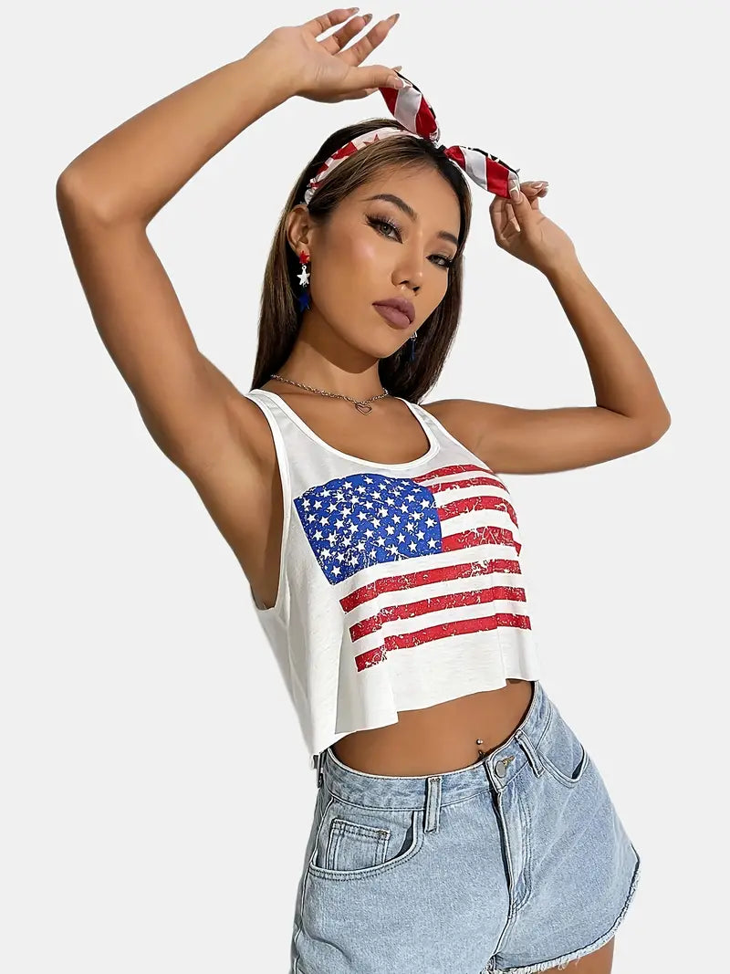 American US Flag Print Cropped Tank Top