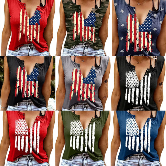 American Flag V-neck Casual Top T-shirt