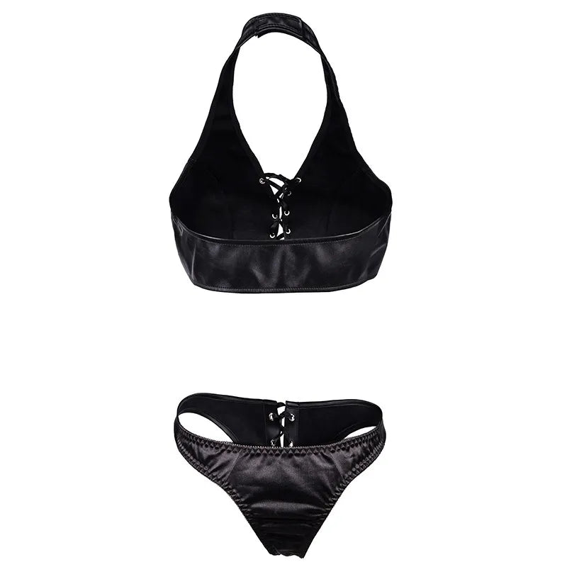 Sexy Hot PU Leather 2 Piece Top & Thong Set