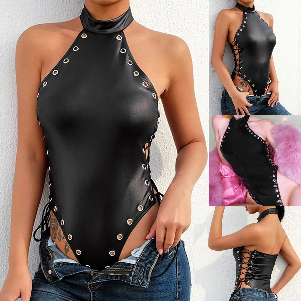 Sexy Hot Black Faux Leather Bodysuit