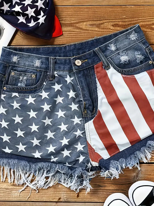 American Flag Print Casual Denim Cotton Shorts