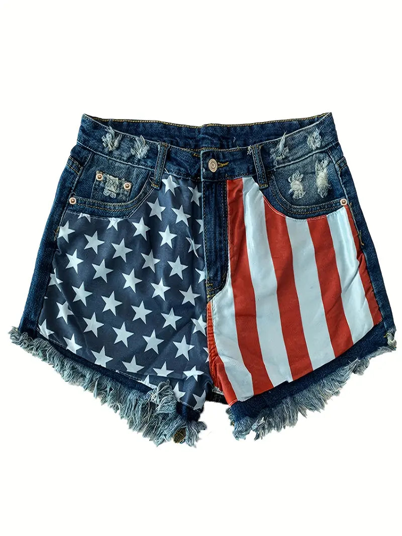 American Flag Print Casual Denim Cotton Shorts