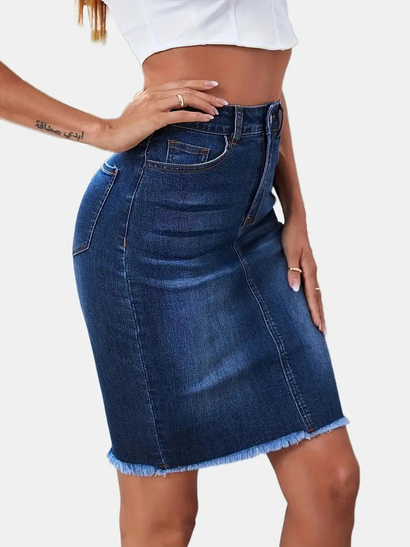 Casual Slim Fit Raw Hem Denim Skirt Medium