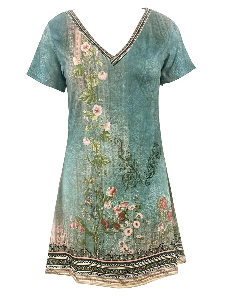 Vintage Short Sleeve Floral Print Dress