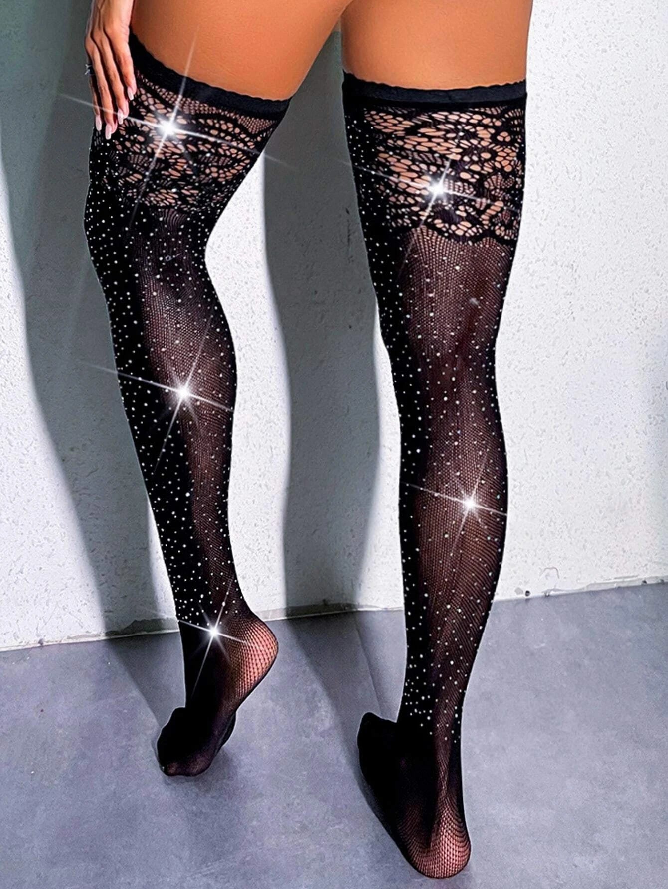 4 Piece Rhinestone Studded Fishnet Lingerie Set & Stockings