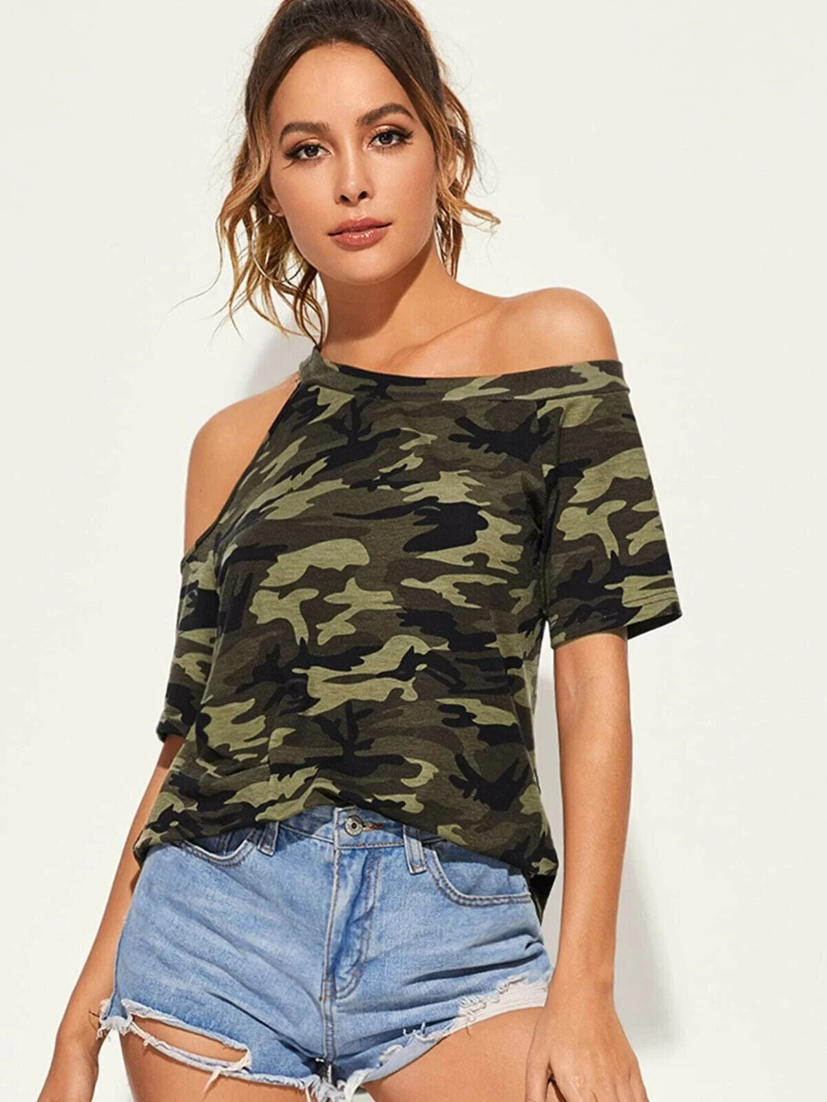 Camo Army Print Open Shoulder Top Shirt