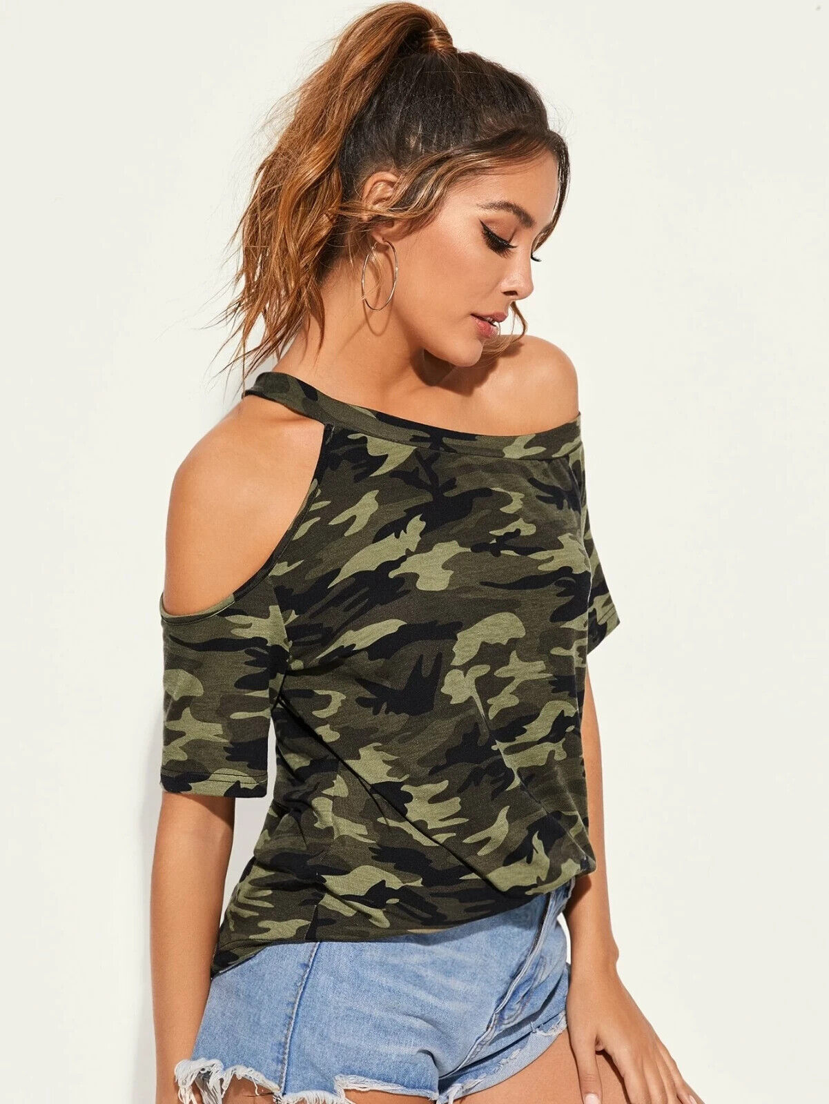 Camo Army Print Open Shoulder Top Shirt